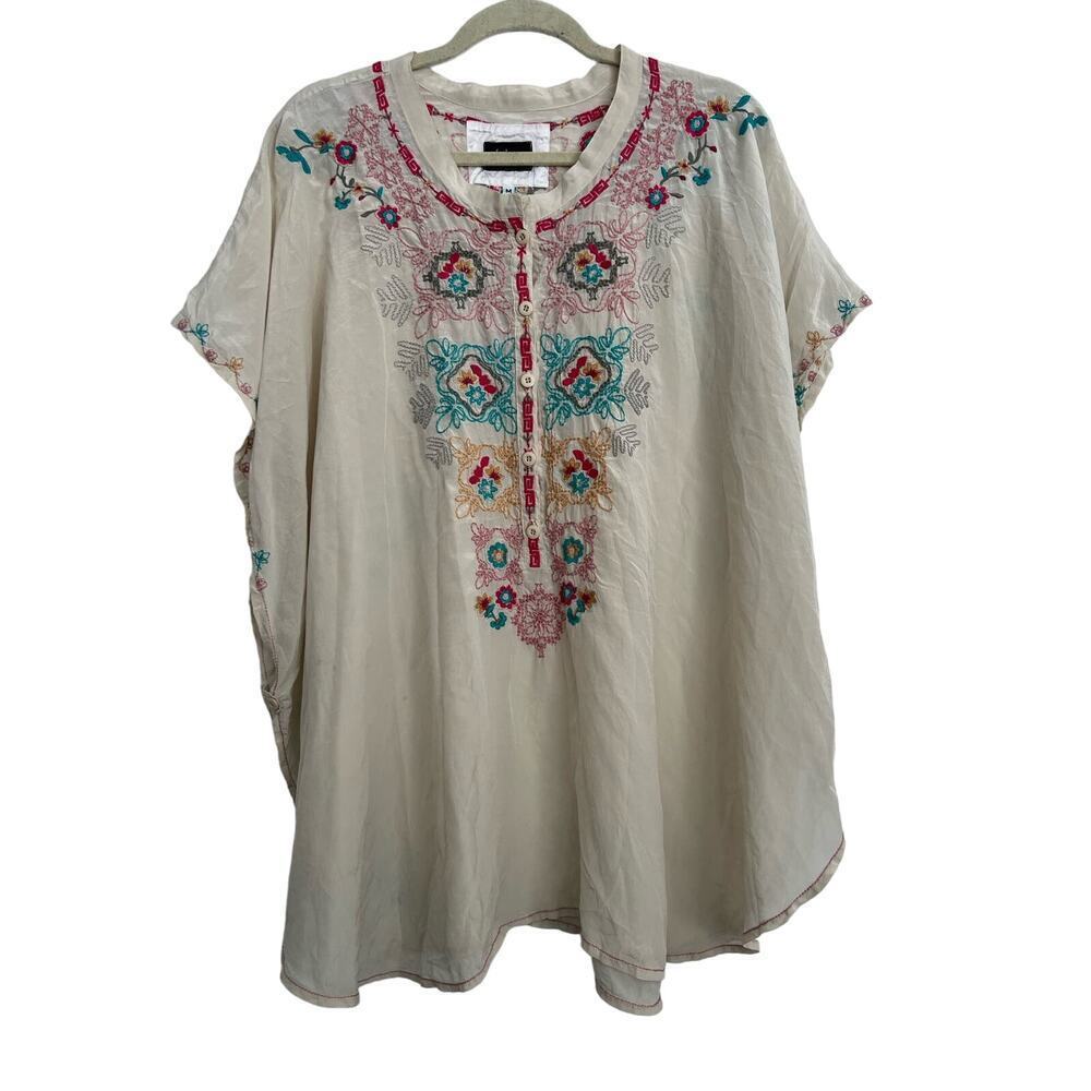 Johnny Was Biya Off-White Embroidered Silk Tunic Sz M (as-is)